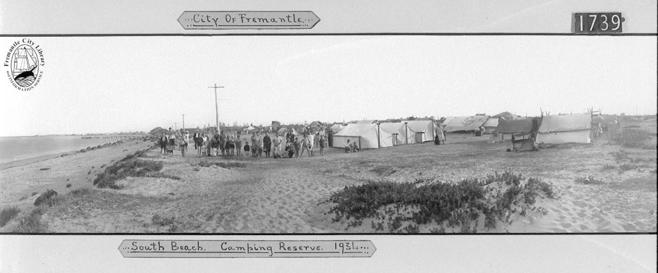 black and white photo of troops camping and training at South Beach