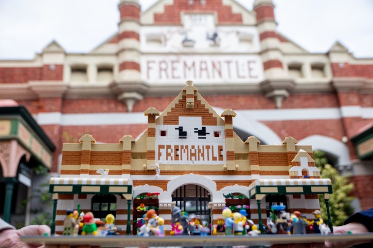lego build of Fremantle markets being held in front of Fremantle markets