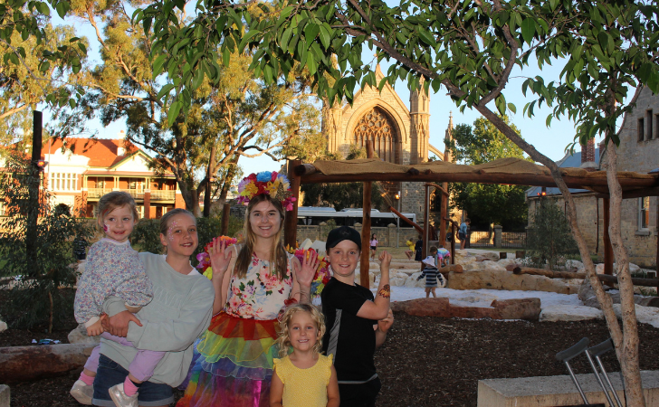 Children and adults in front of the new nature play area at Clancy's Fish Pub Fremantle