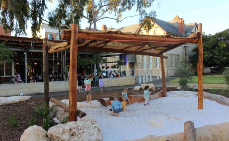 Kids having fun at Clancy's Fish Pub playground during School holiday in Fremantle