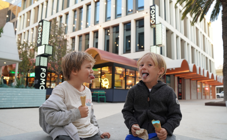 Kids in Freo, eating blue ice cream, during School holidays in Fremantle