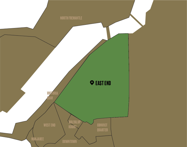 Map of Fremantle with the East End highlighted in green.