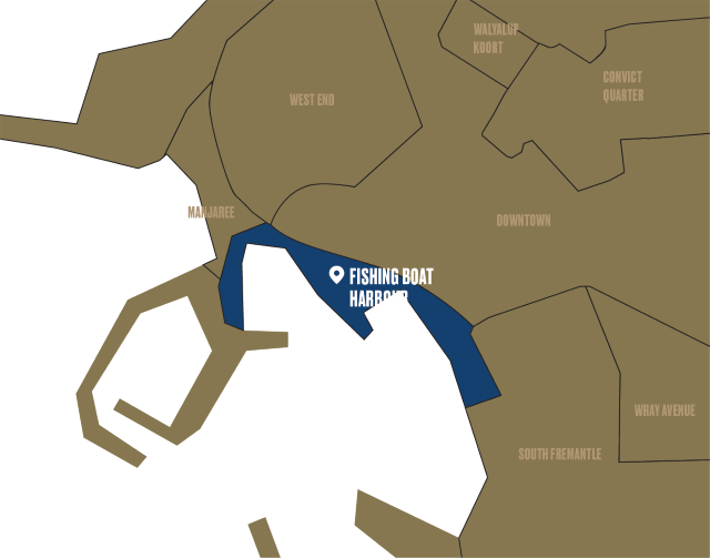 Map of Fremantle with Fishing Boat Harbour highlighted in dark blue.