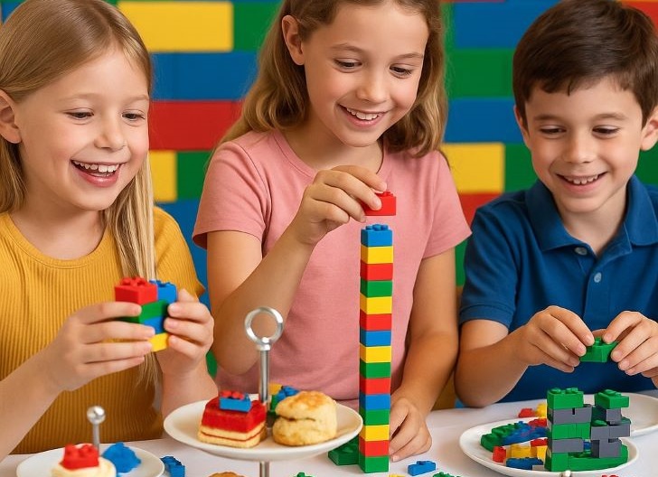 Image of three children having high tea and playing with LEGO.