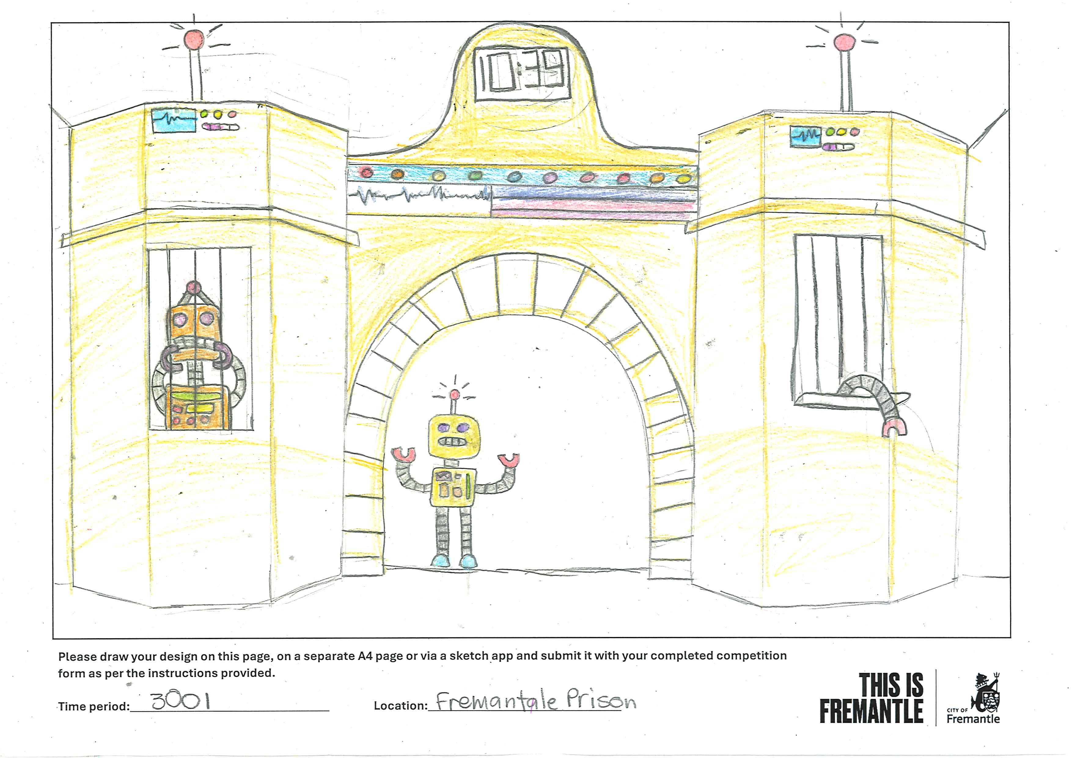 A drawing of a robot prison