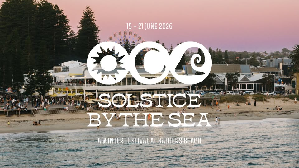 promo banner for solstice by the sea with a picture of bathers beach house behind it