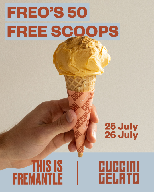 a scoop of ice cream being held by a hand on a poster that says Freo's 50 Free Scoops