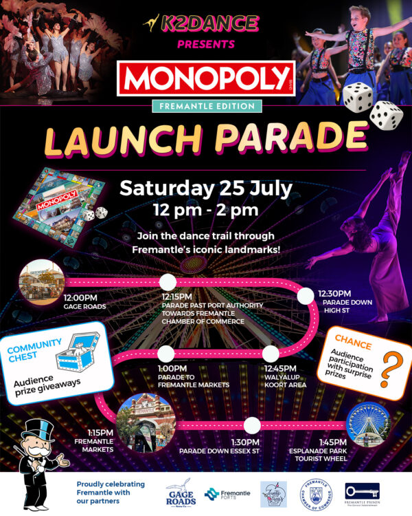 a poster for the Monopoly launch parade event 