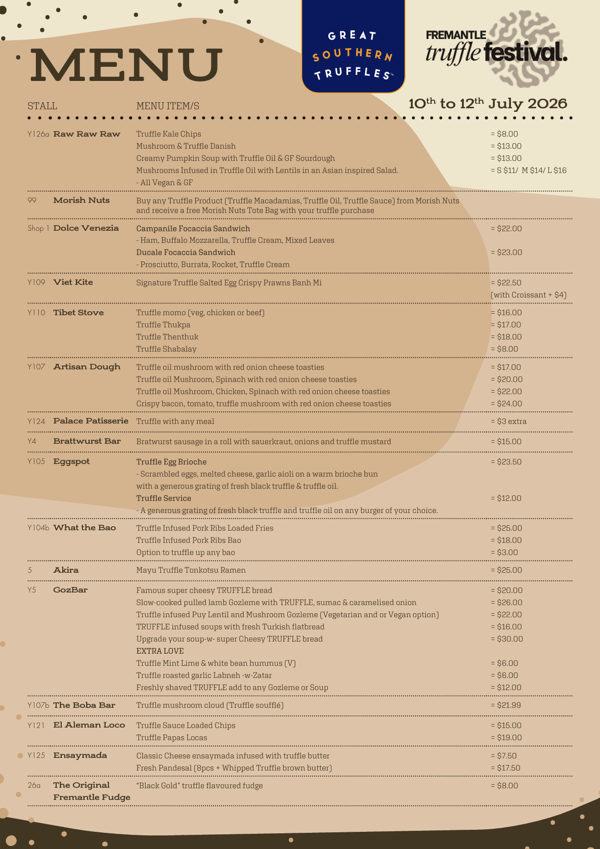 The menu for the participating truffle festival stalls at the Fremantle Markets. 
