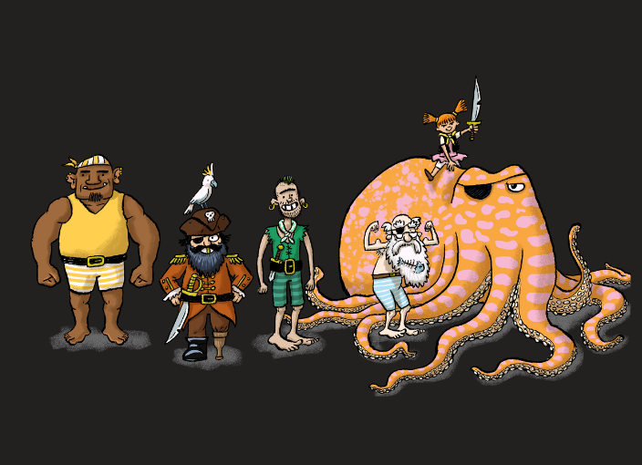 a group of animated pirates and octopus standing together 