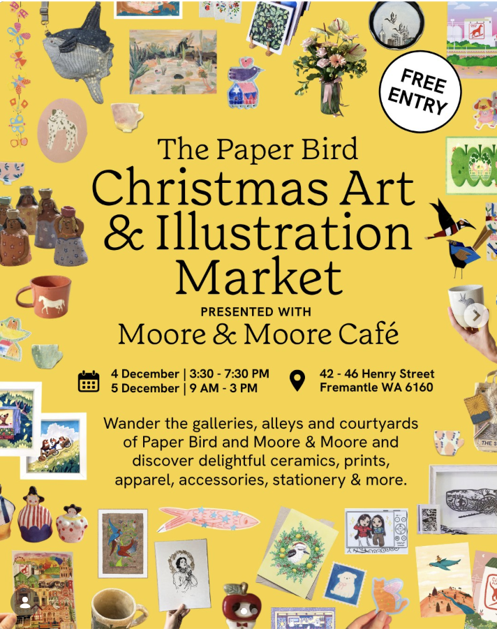 an event poster for the Paperbird Christmas Art and Illustration Market