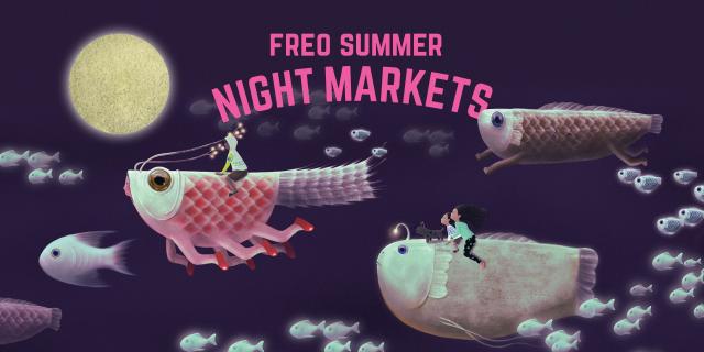 Freo Summer Night Markets graphic poster with flying fish and a golden moon