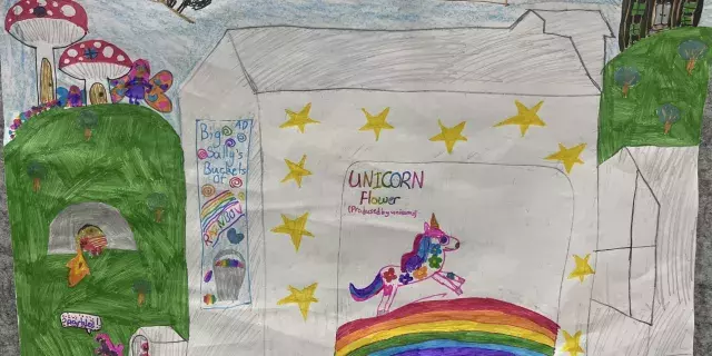 FREO BUILDS fantasy Fremantle sketch of a unicorn on the Dingo flour mill as drawn by a child