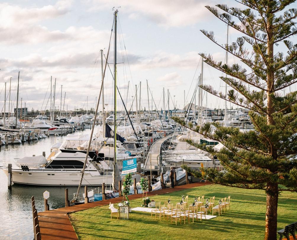 grassed area of the Fremantle sailing club set up with rows of chairs in preparation for a wedding. A Norfolk island pine tree in the foreground and rows of boats parked on a jetty in the background. 