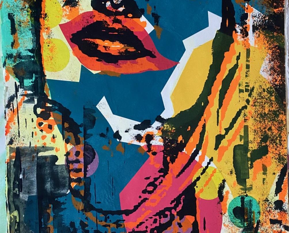 portrait of colourful collaged face