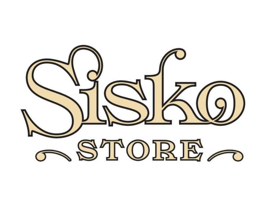 Words and logo Sisko Store written in light gold on a white background