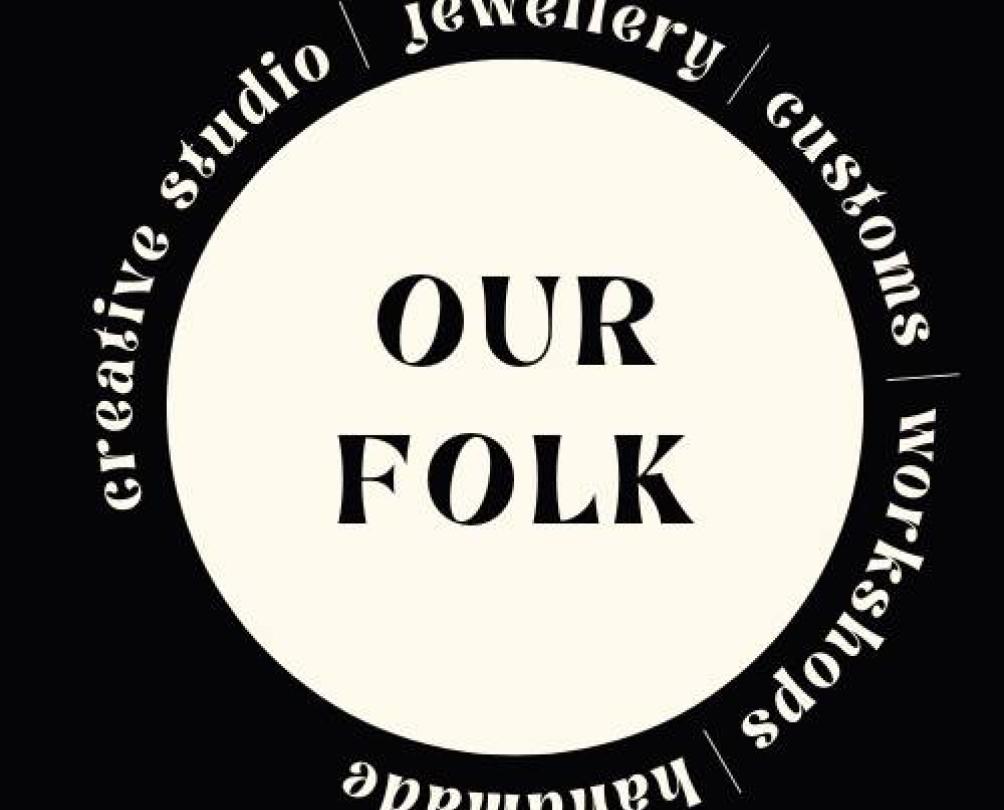 Our Folk graphic logo with white circle on black background 