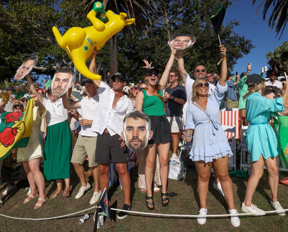 Spectators on Genesis Island celebrate as Australia SailGP Team helmed by Tom Slingsby win the KPMG Australia Sail Grand Prix in Sydney, Australia. Saturday 25th February 2024. Photo: Brett Phibbs for SailGP.