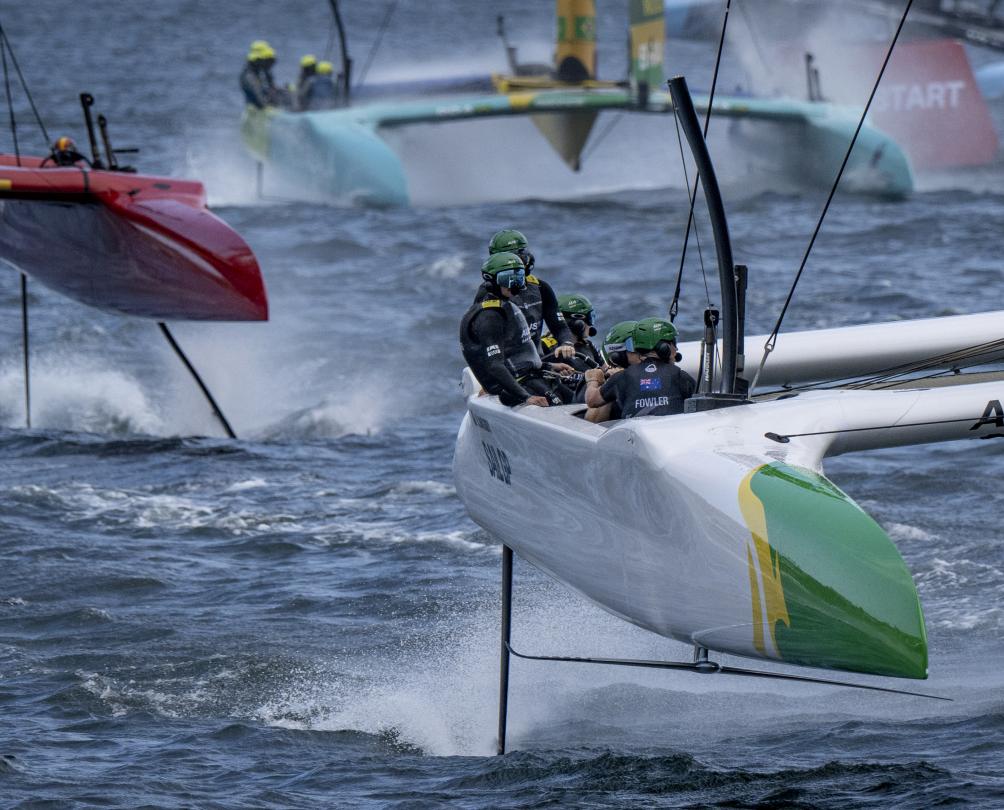 Australia SailGP Team helmed by Tom Slingsby leads Spain SailGP Team, Mubadala Brazil SailGP Team and New Zealand SailGP Team on Race Day 1 of the KPMG Australia Sail Grand Prix in Sydney, Australia. Saturday 8 February 2025. Rolex SailGP Championship Event 3 Season 2025. Photo: Jon Buckle for SailGP.