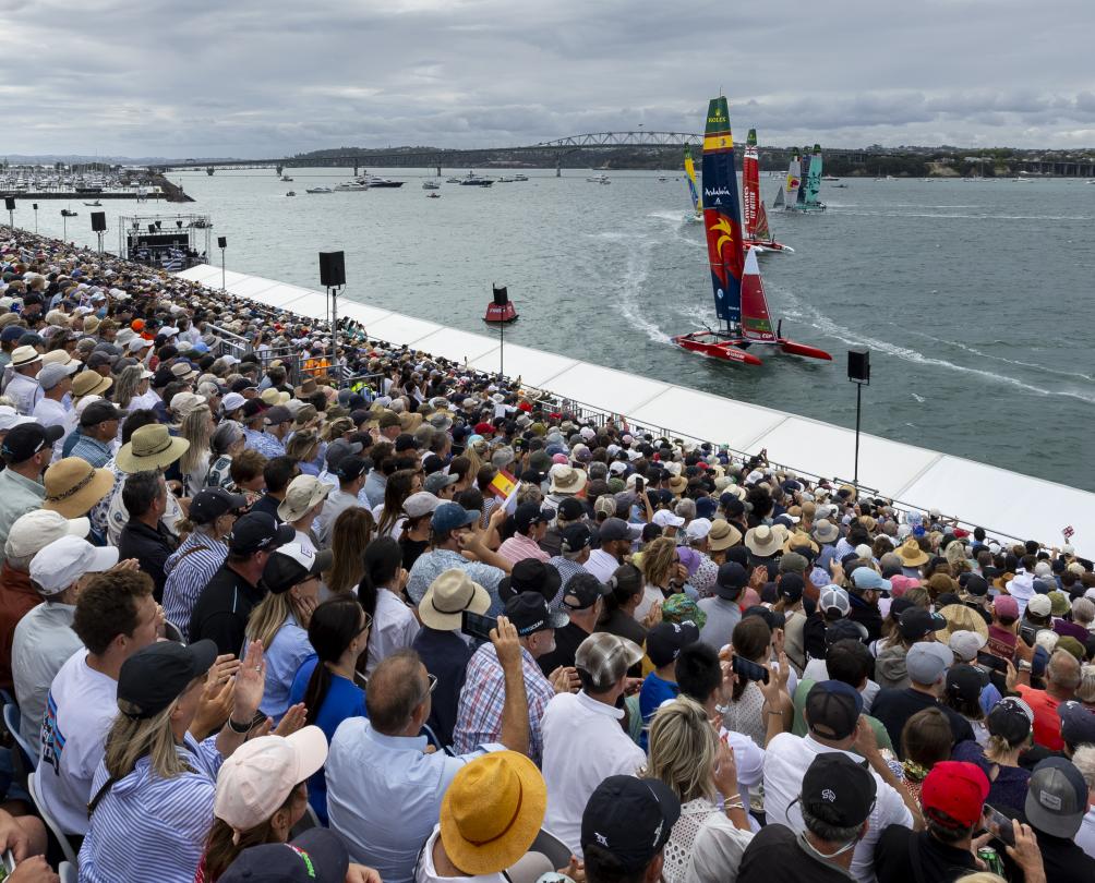 View from the grandstand as Australia SailGP Team helmed by Tom Slingsby leads the fleet on Race Day 2 of The Rolex SailGP 2025 Championship ITM New Zealand Sail Grand Prix in Auckland, New Zealand. 