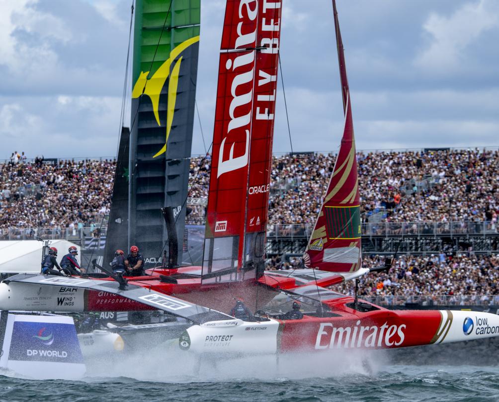 Emirates Great Britain SailGP team in front of the grandstand on Race Day 2 of The Rolex SailGP 2025 Championship ITM New Zealand Sail Grand Prix in Auckland, New Zealand. Sunday 19 January 2025. Photo: Ricardo Pinto for SailGP.