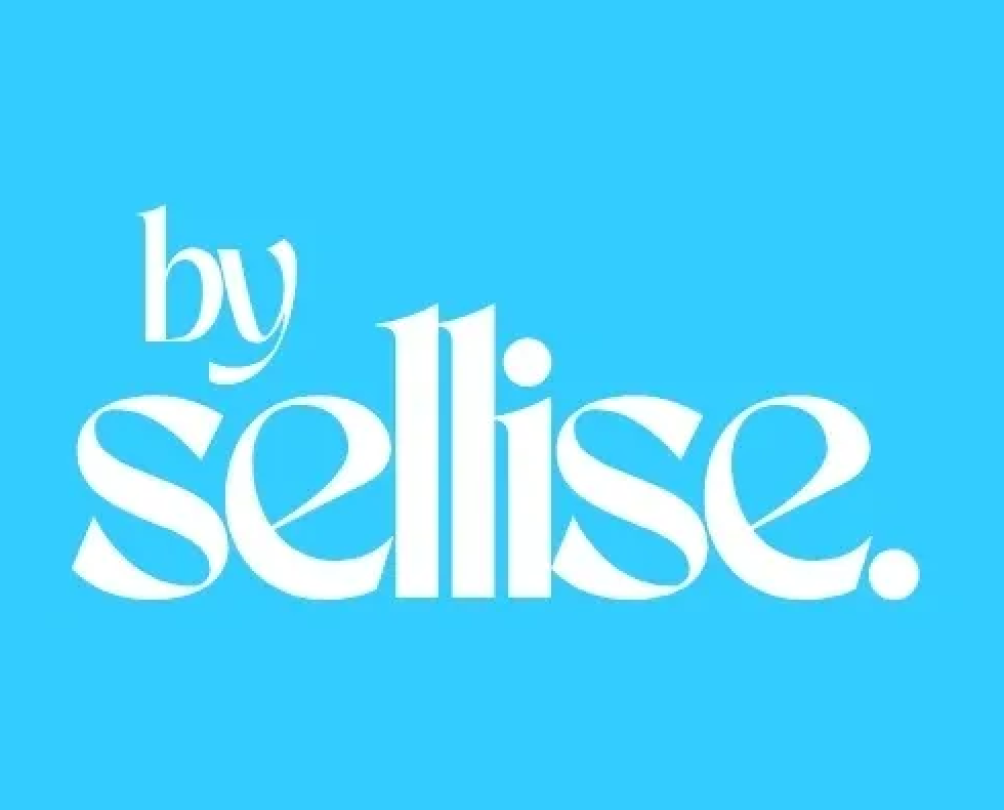 A bright blue graphic with the words by sellise.
