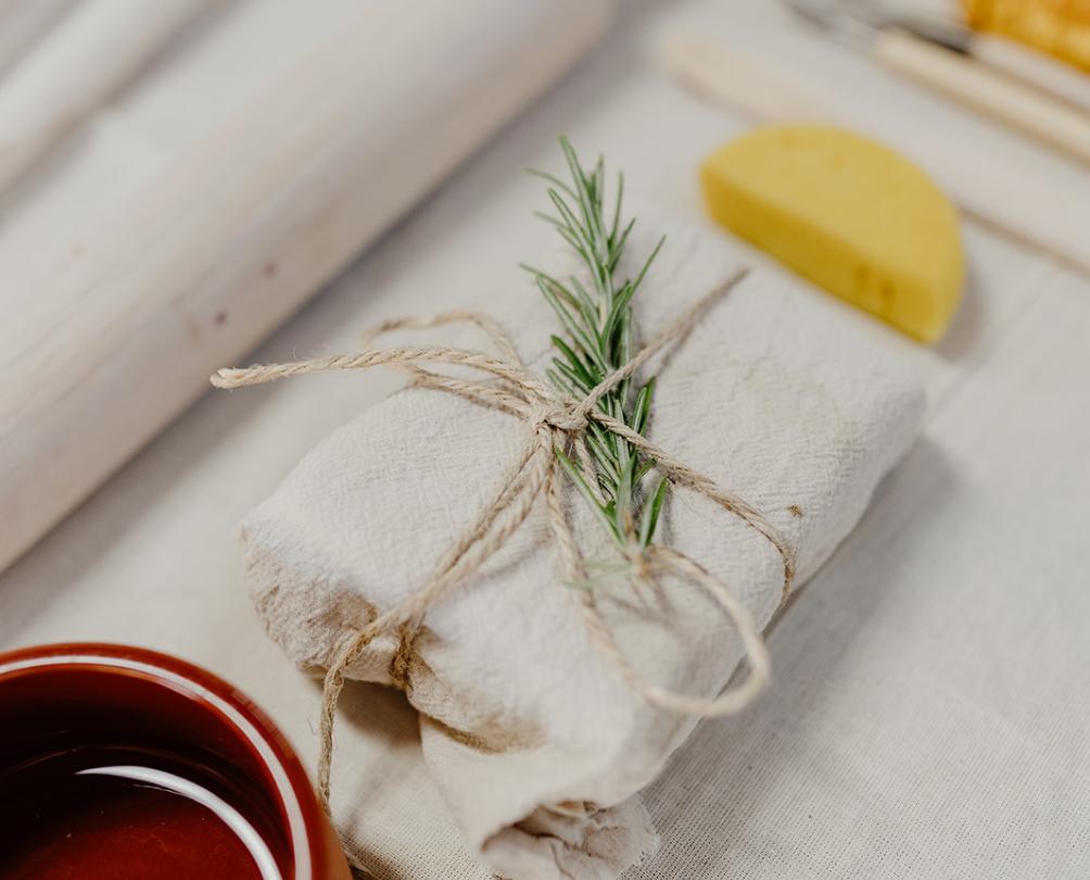 a present wrapped up at a table