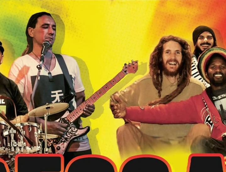 collage of reggae artists with instruments on a yellow and red background