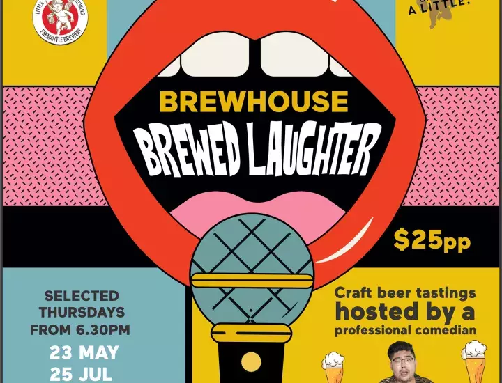 Brewed Laughter social graphic featuring bright colours, micropohone and mouth 