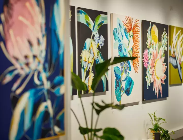 Large, colourful paintings of proteas and plants on white gallery wall with lush, green indoor plants