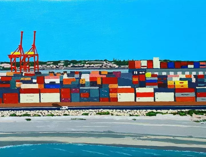 Colourful painting of Fremantle's port beach, with sea containers and cranes, by local artist Malcolm Hundley