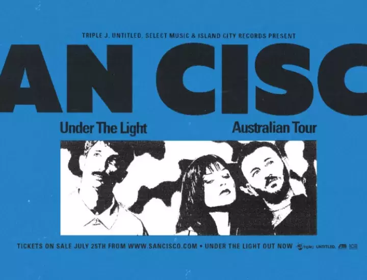 San Cisco tour graphic with black and white images of the band