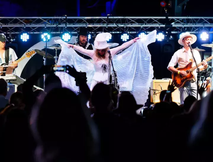 LandSlide tribute band performs in front of a crowd.