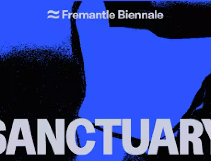 Sanctuary text on blue and black artwork
