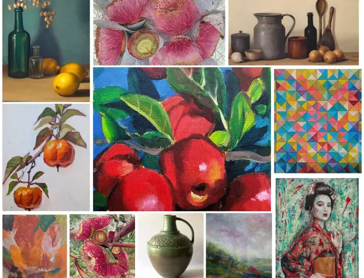 A collage of various painted artworks depicting fruit, flowers, and vases.
