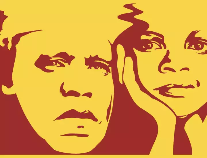 A digital poster featuring a man and a woman in maroon and gold.